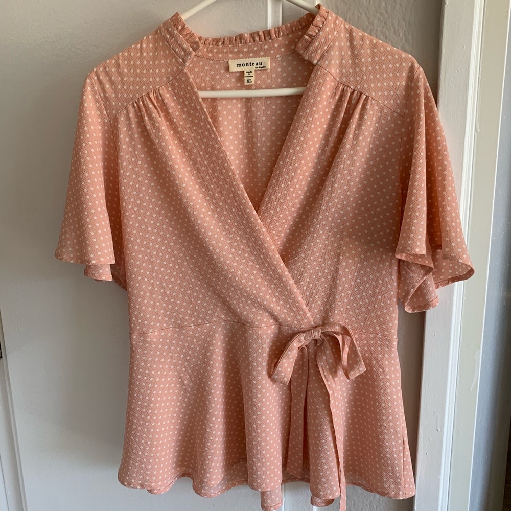 Pink White Polka Dot Flutter Sleeve Blouse